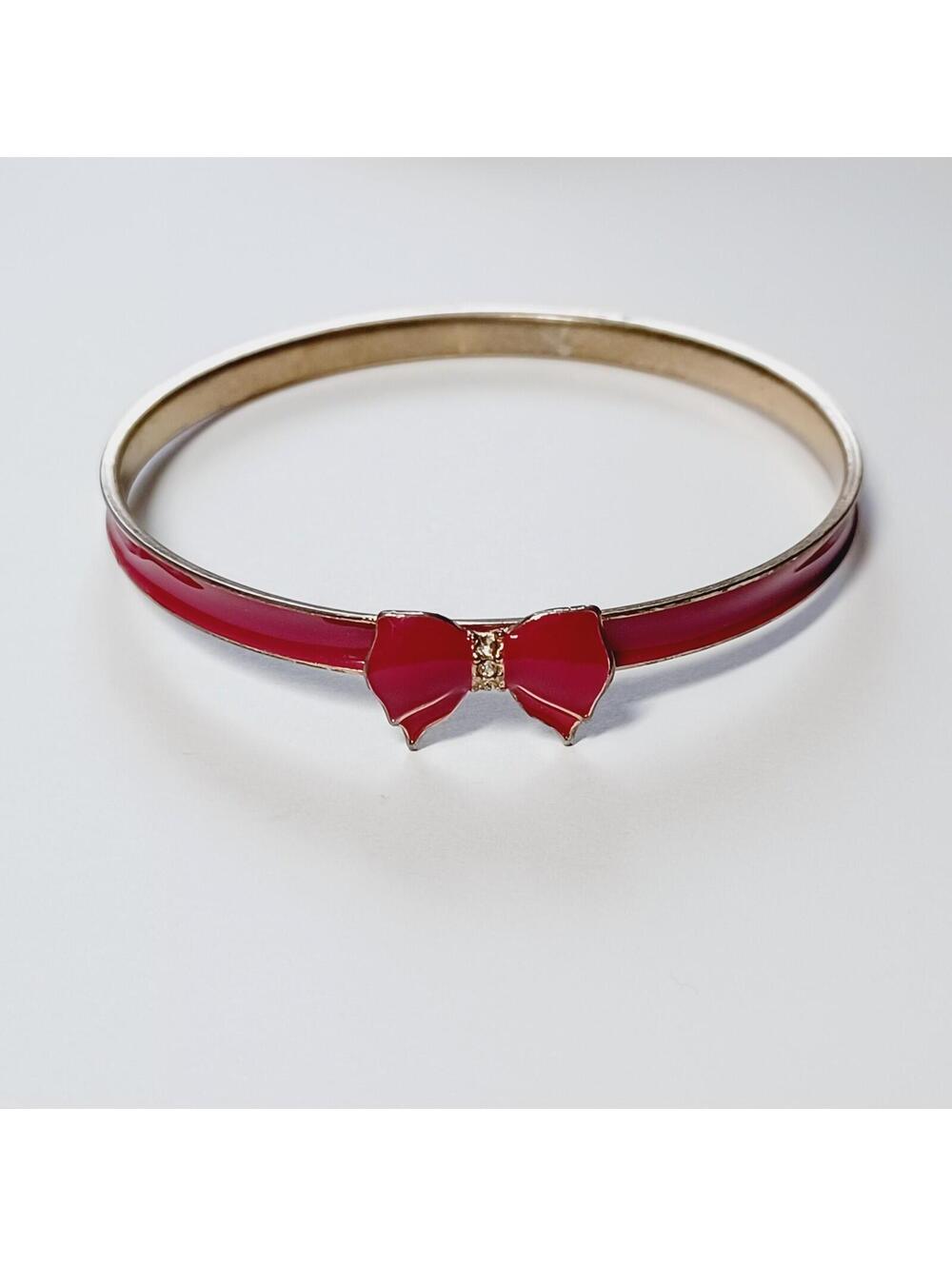 Pink Enamel Gold Tone Bow Rhinestone Bangle Bracelet